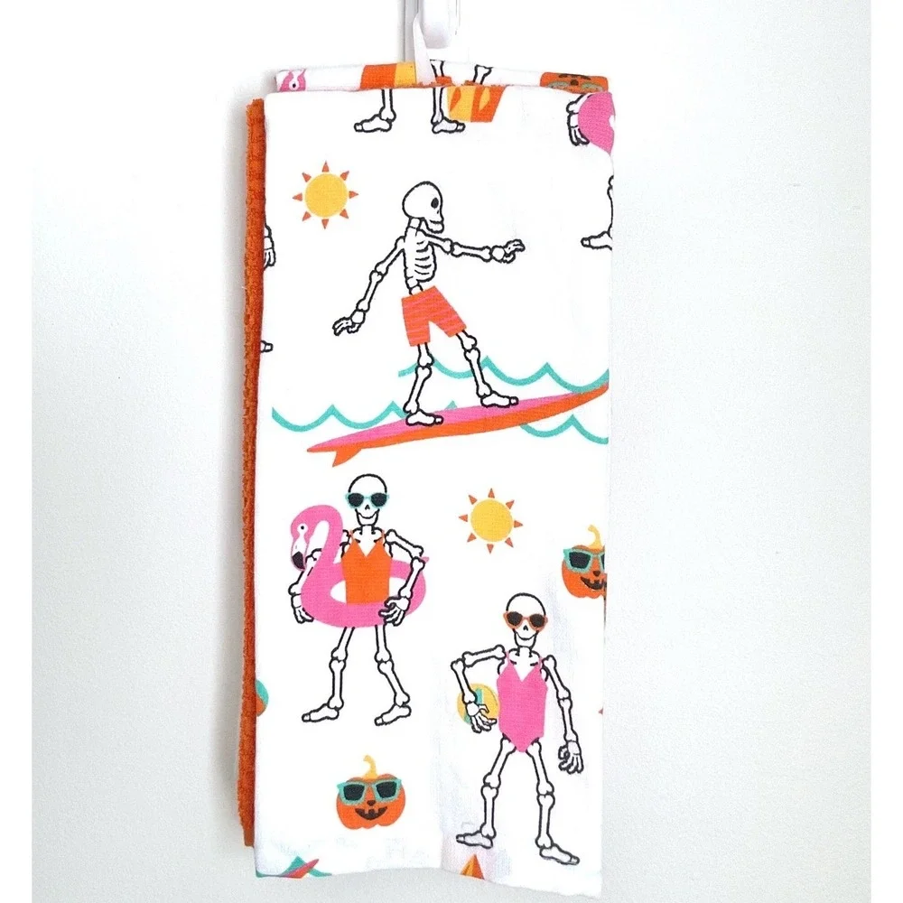 Summerween Skeleton Beach Surfing Kitchen Towel Halloween Spooky Summer NEW